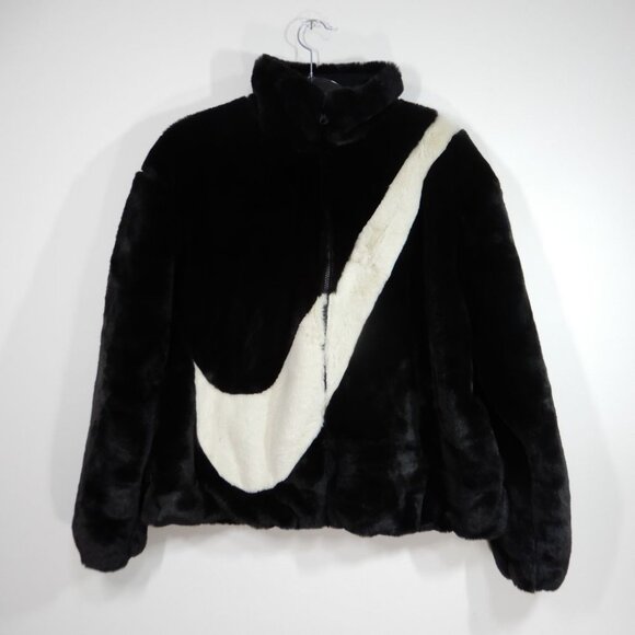 NIKE Faux Fur Plush Swoosh Teddy JACKET Size L Oversized Black Fossil Logo NEW - Picture 6 of 12